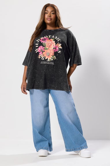 Yours Grey Acid Wash Floral Design Oversized T-Shirt