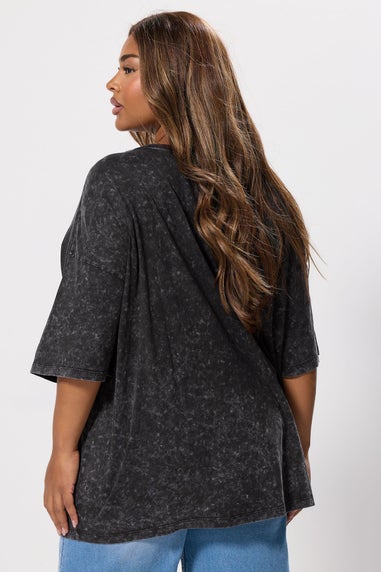 Yours Grey Acid Wash Floral Design Oversized T-Shirt