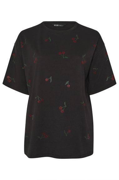 Yours Curve Black Embellished Cherry Oversized T-Shirt