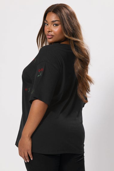 Yours Curve Black Embellished Cherry Oversized T-Shirt