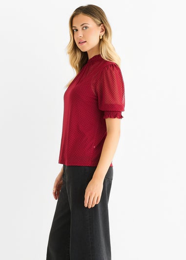 Gini London Red HIgh Neck Lace loose Fit Blouse