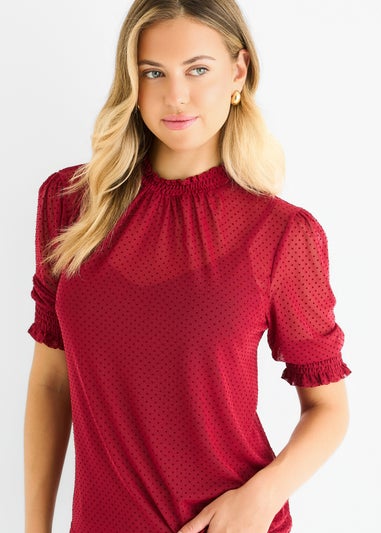 Gini London Red HIgh Neck Lace loose Fit Blouse