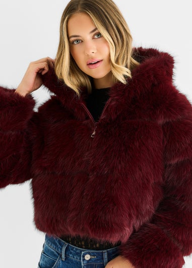 Gini London Burgundy Panel Faux Fur  Zip Front Jacket
