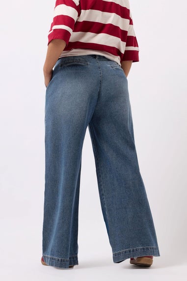 Yours Mid Blue Pleated Wide Leg Jeans
