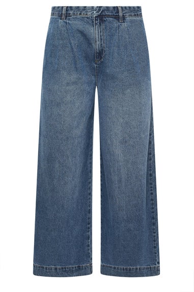Yours Mid Blue Pleated Wide Leg Jeans