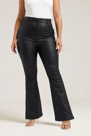 Yours Black Coated Flare Trousers