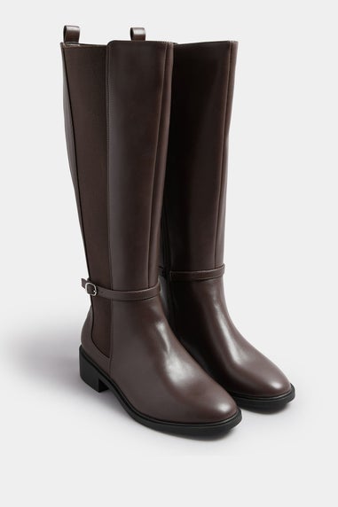 Brown Faux Leather Buckle Knee High Riding Boots In Extra Wide EEE Fit