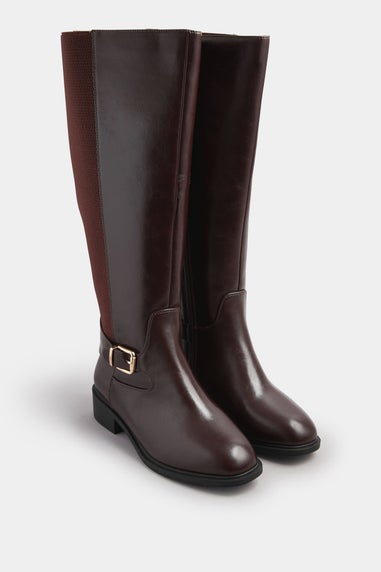 Yours Brown Buckle Detail Knee High Boots In Extra Wide Fit