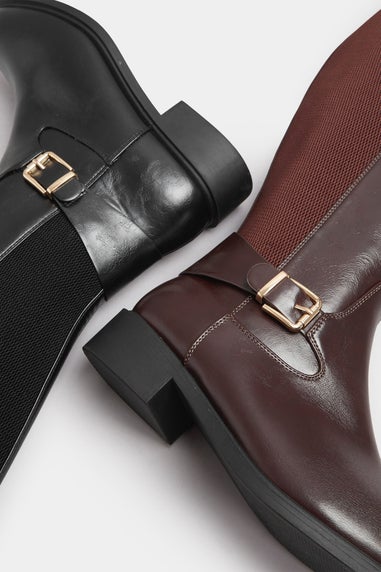Yours Brown Buckle Detail Knee High Boots In Extra Wide Fit