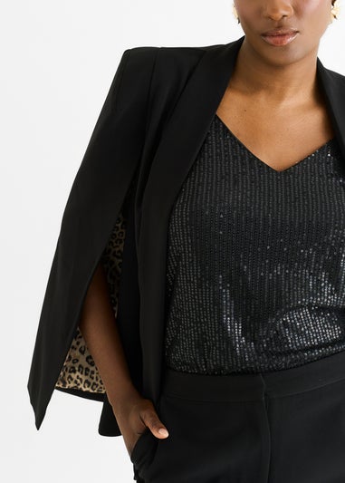 Gini London Black Contrast Animal Lining Tailoring Cape Blazer