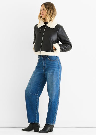Gini London Black Faux Leather Shearling Fur Aviator Jacket