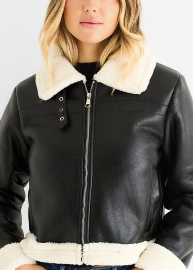 Gini London Black Faux Leather Shearling Fur Aviator Jacket