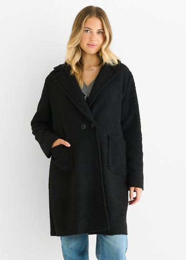 Gini London Black Shearling Mid Length Double Breasted Jacket