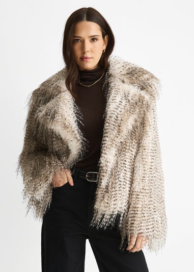 Gini London Brown Snow Leopard Faux Fur Short Jacket