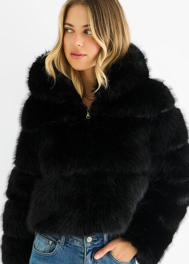 Gini London Black Panel Faux Fur Zip Front Jacket