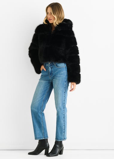 Gini London Black Panel Faux Fur Zip Front Jacket