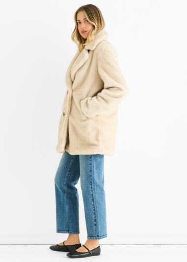 Gini London Beige Faux Fur Double Breasted Longline Jacket