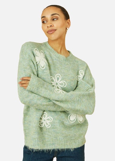 Yumi Green Relaxed Knitted Jumper With Crochet Flowers