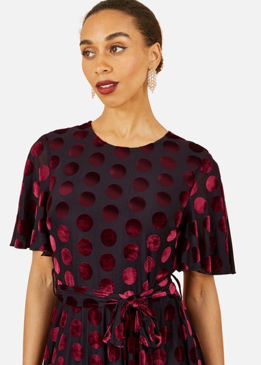 Yumi Burgundy Velour Spot Midi Skater Dress