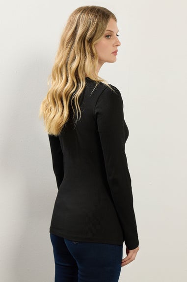 Long Tall Sally Black Cotton Ribbed Henley Top