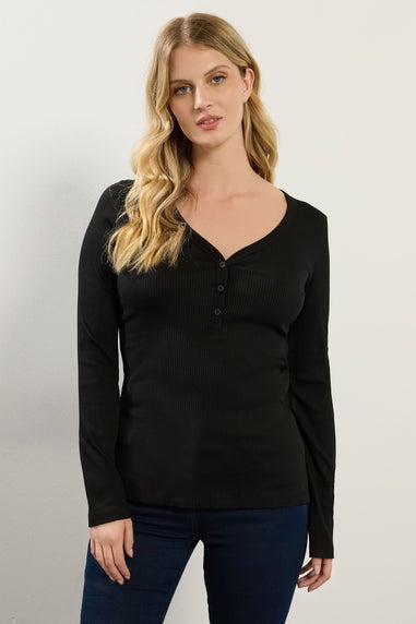 Long Tall Sally Black Cotton Ribbed Henley Top