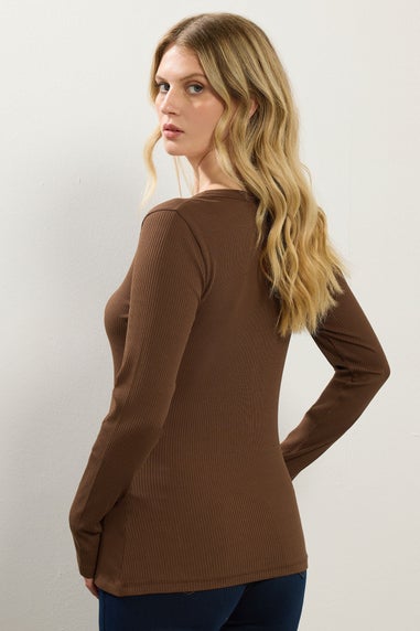 Long Tall Sally Chocolate Brown Cotton Ribbed Henley Top