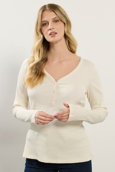 Long Tall Sally Ivory White Cotton Ribbed Henley Top