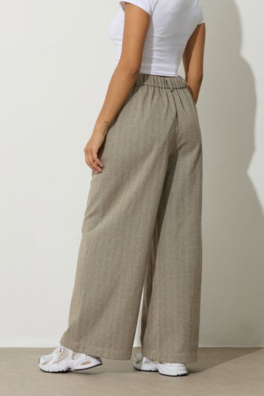 PixieGirl Petite Camel Brown Herringbone Wide Leg Trousers