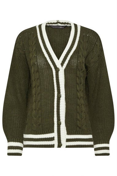 PixieGirl Petite Khaki Green Contrast Cable Knit Cardigan