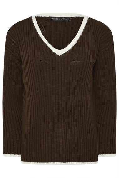 PixieGirl Petite Chocolate Brown Knitted V-Neck Jumper