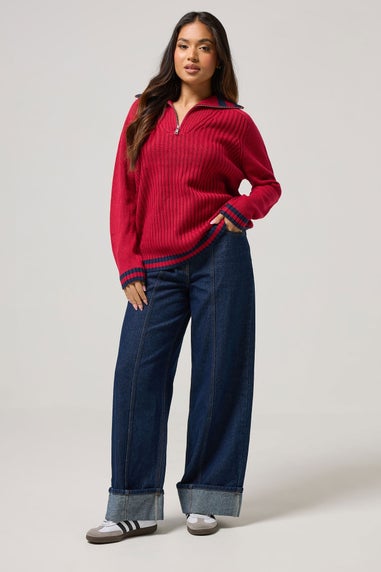 PixieGirl Petite Red Knitted Stripe Quarter Zip Jumper
