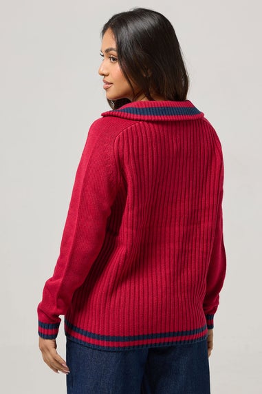 PixieGirl Petite Red Knitted Stripe Quarter Zip Jumper