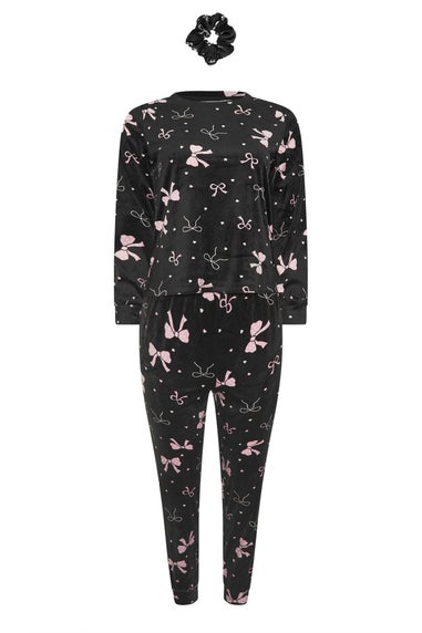 PixieGirl Petite Black Bow Fleece Pyjama & Scrunchie Set
