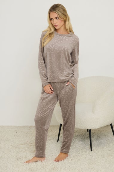 PixieGirl Petite Stone Brown Leopard Embossed Luxe Fleece Pyjama Set