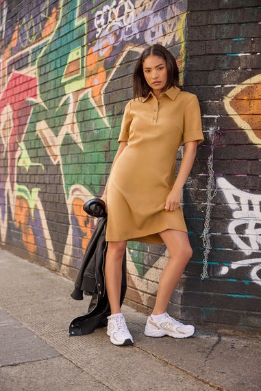PixieGirl Petite Tan Brown Polo Shirt Dress