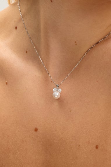 Jon Richard Rhodium Plated Crystal Bow and Pearl Drop Set Gift Box