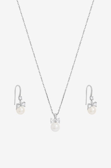 Jon Richard Rhodium Plated Crystal Bow and Pearl Drop Set Gift Box