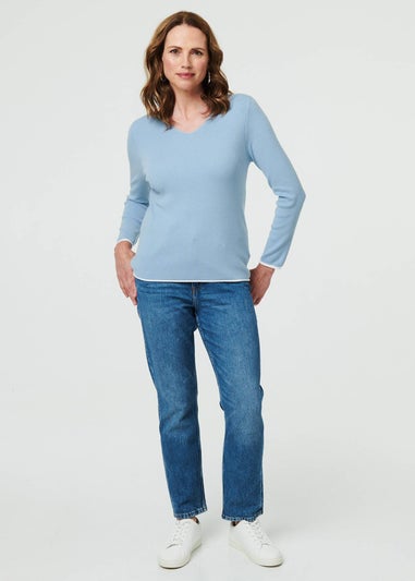 Izabel London Blue Contrast Trim V-Neck Knit Top