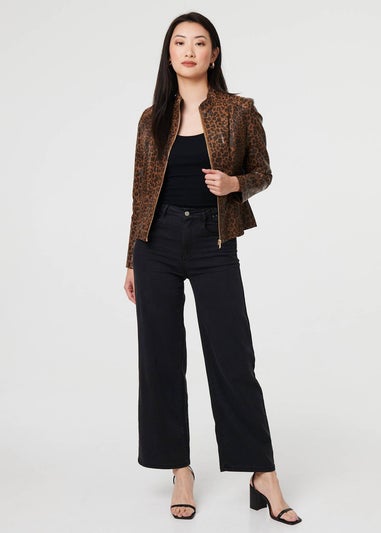 Izabel London Brown Animal Print Faux Leather Jacket