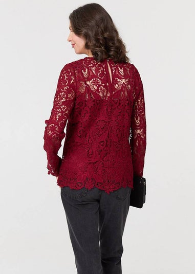 Izabel London Red Lace Texture Layered Long Sleeve Blouse