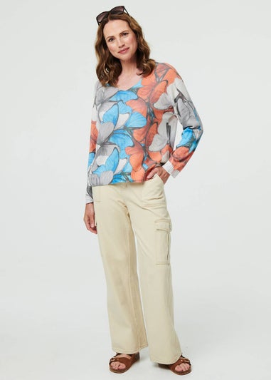 Izabel London Blue Butterfly Print Long Sleeve Relaxed Top
