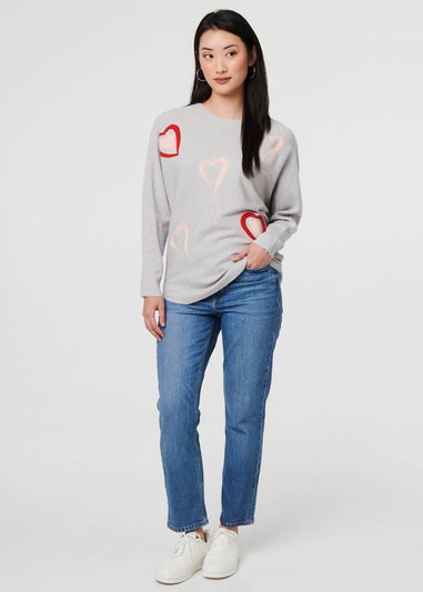 Izabel London Grey Heart Print Batwing Sleeve Jumper