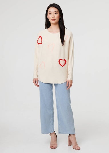 Izabel London Beige Heart Print Batwing Sleeve Jumper