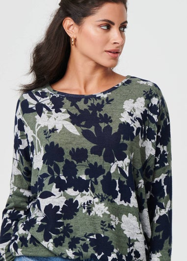 Izabel London Green Leaf Print Long Sleeve Relaxed Top