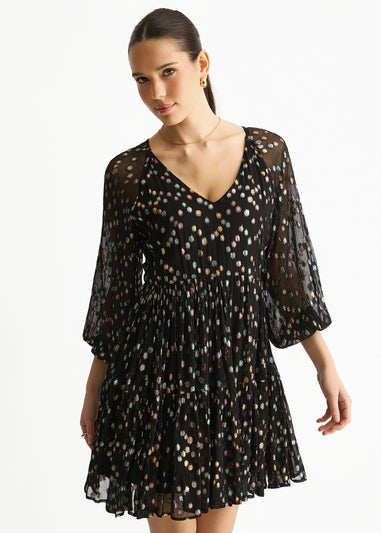 Gini London Black Multicolored Spot Viscose Clipped Jacquard Mini Tiered Dress