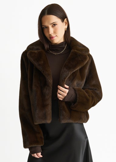 Gini London Coffee Crushed Look Faux Fur Cropped Jacket