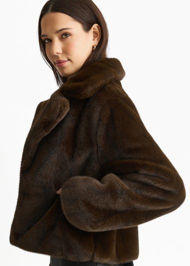Gini London Coffee Crushed Look Faux Fur Cropped Jacket