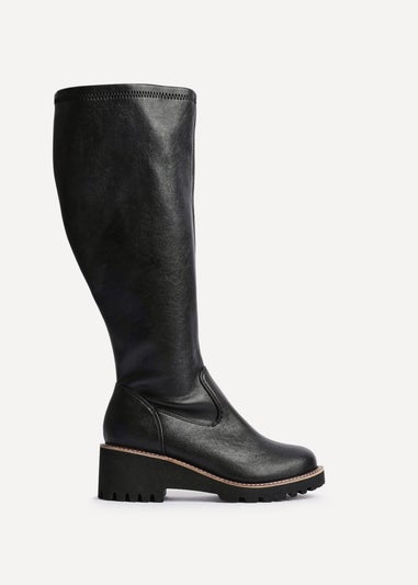 Linzi Maintain Wide Fit Black Faux Leather Stretch High Leg Wedge Boot