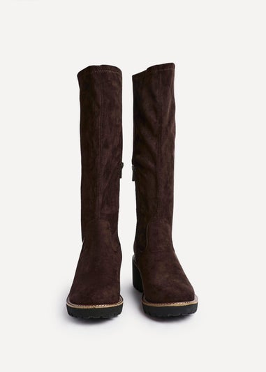 Linzi Maintain Wide Fit Brown Faux Suede Stretch High Leg Wedge Boot
