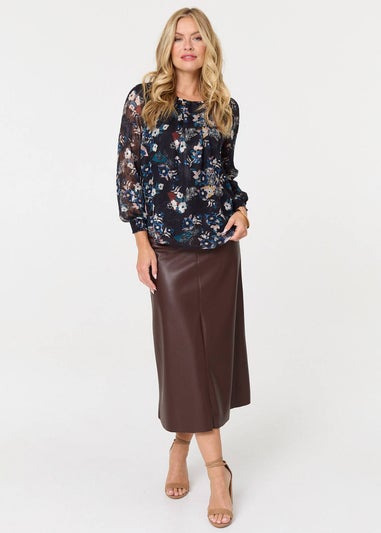 Izabel London Blue Floral Semi Sheer Long Sleeve Blouse